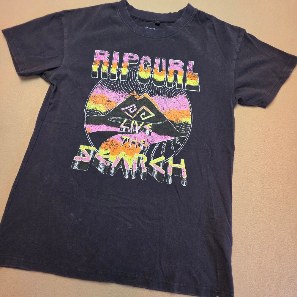 Rip Curl Live The Search Black Graphic T-Shirt 90s Retro Neon Volcano Sz XS